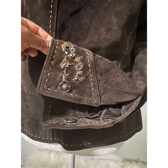 Coldwater Creek brown suede Leather stitching details sequin beaded embellishmen - Picture 7 of 10